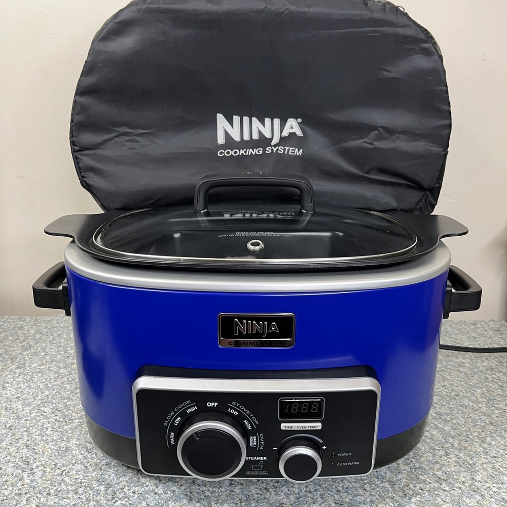 Ninja Cooking System MC900QCB 15 4-in-1 Slow Cooker Steamer Oven Blue Case Rack